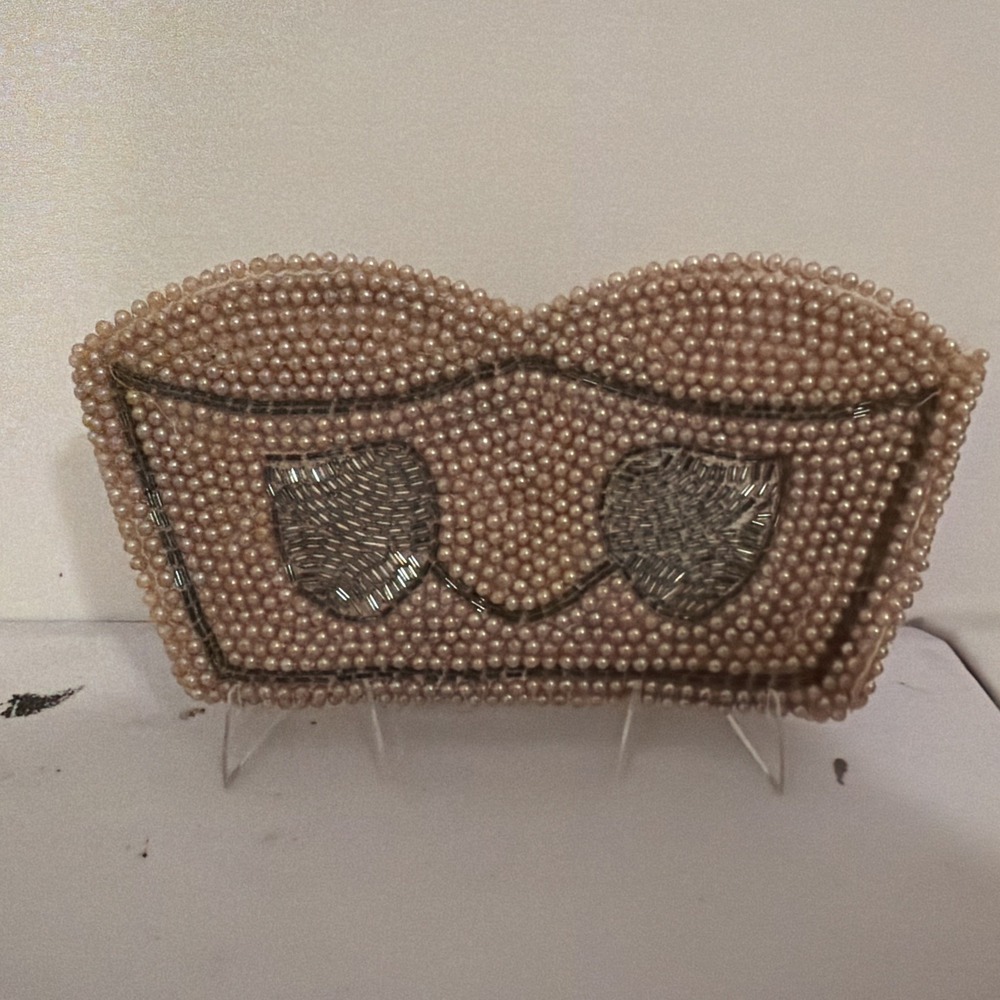 Vintage Beaded Clutch Purse Hand Made In Japan Faux Pearl Silver Bugle Beads